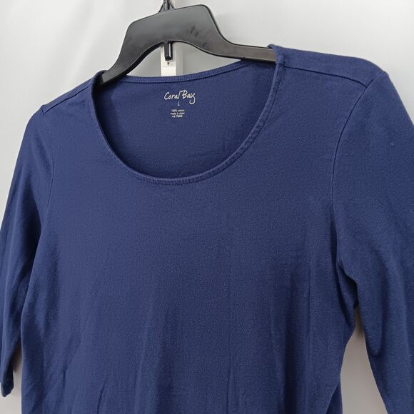 Coral Bay Shirt Women Large Navy Blue 3/4 Sleeve Scoop Neck Casual Pullover Top - Picture 2 of 5